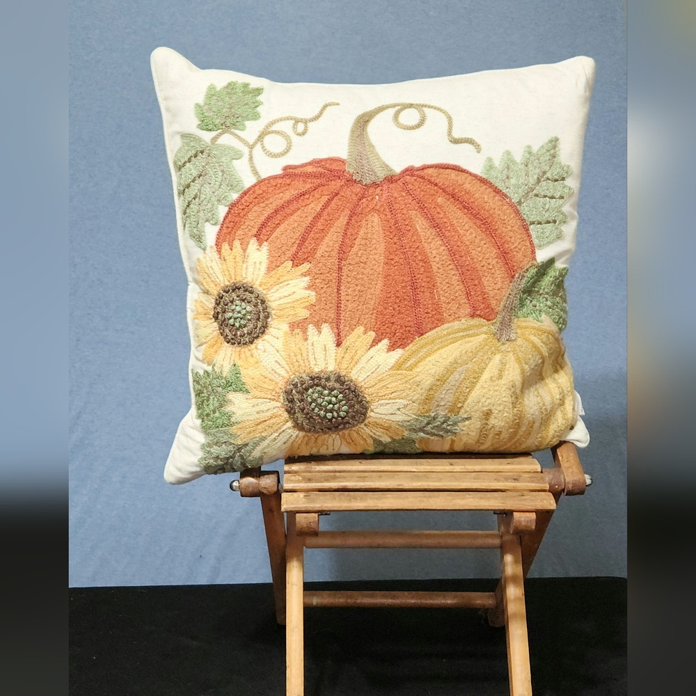 Gilded Maple Harvest Pumpkin and Sunflower Accent Pillow